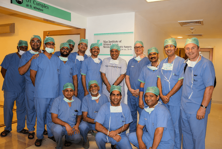 Dr. Aijaz Ahmad Malik with the surgical team at Max Institute of Minimal Access, Metabolic & Bariatric Surgery